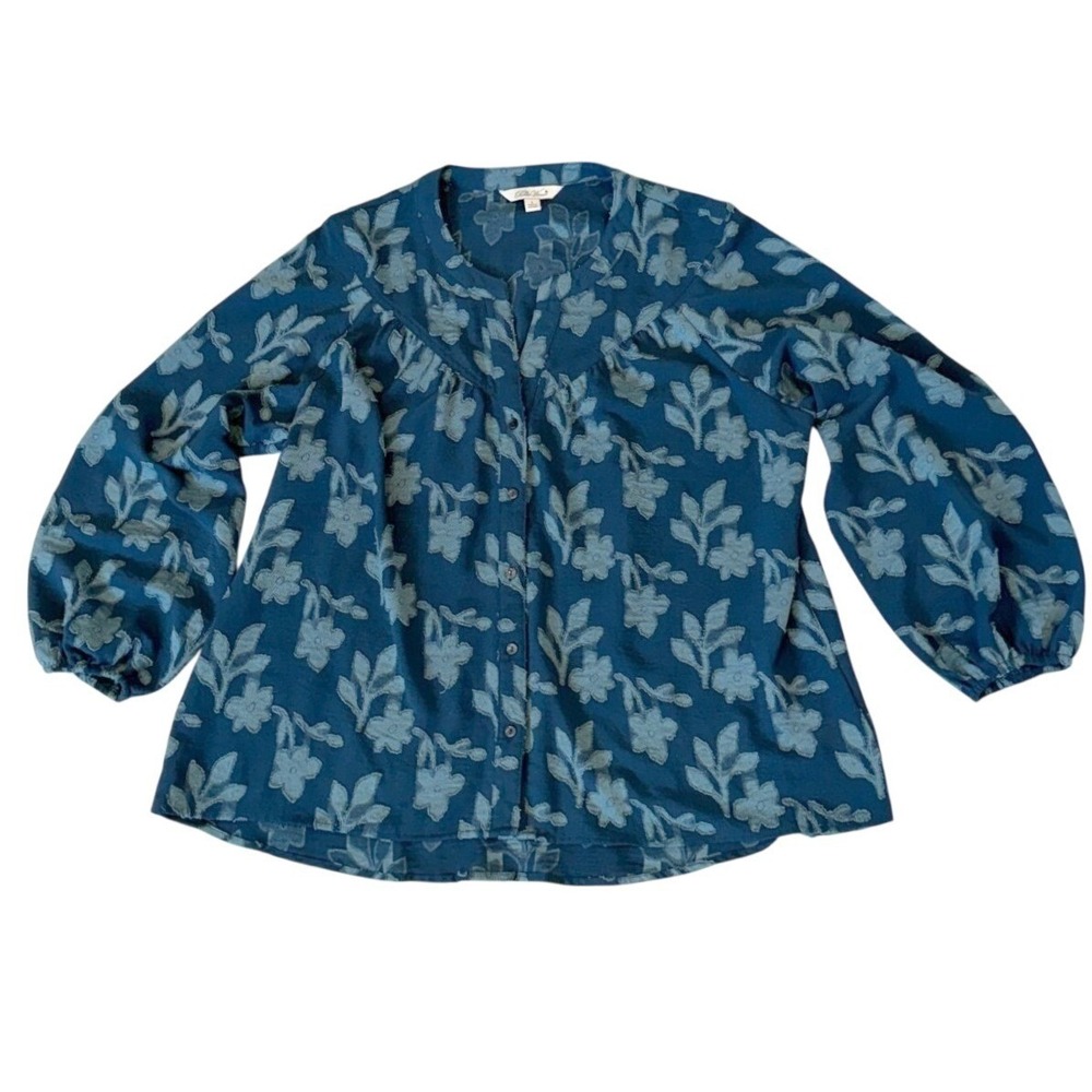 Womens L Teal Blue Patchwork Floral Balloon Sleeve Blouse Top Tunic Boho Cottage